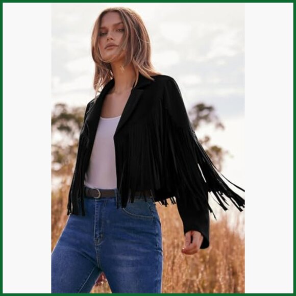 Faux Suede Fringe Motorcycle Jacket Cropped Coat Slim Fit - Picture 3 of 7